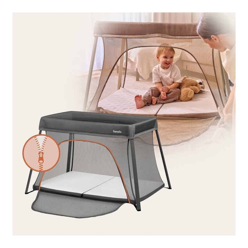 Patut multifunctional, Lionelo, Alice, 3 in 1, 2 trepte de inaltime pentru saltea, Pliabil, Material rezistent Oxford 300D, Cu iesire laterala, Geanta de transport, Pana 15 kg, 0 luni+, 104×70×74 cm, Gri
