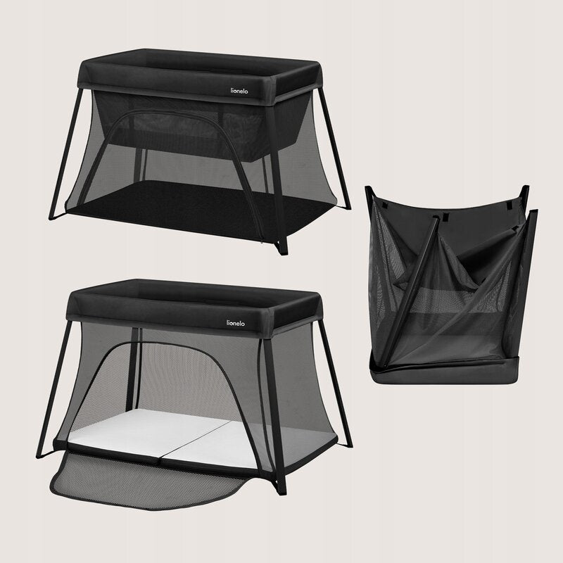 Patut multifunctional, Lionelo, Alice, 3 in 1, 2 trepte de inaltime pentru saltea, Pliabil, Material rezistent Oxford 300D, Cu iesire laterala, Geanta de transport, Pana 15 kg, 0 luni+, 104×70×74 cm, Negru