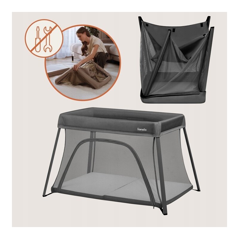 Patut multifunctional, Lionelo, Alice, 3 in 1, 2 trepte de inaltime pentru saltea, Pliabil, Material rezistent Oxford 300D, Cu iesire laterala, Geanta de transport, Pana 15 kg, 0 luni+, 104×70×74 cm, Gri