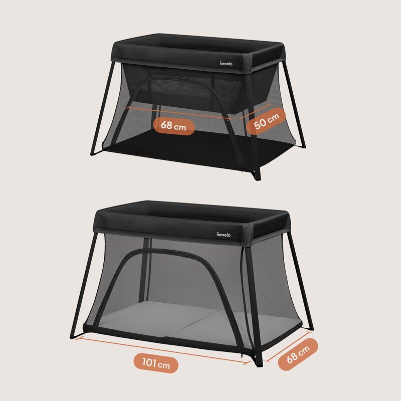 Patut multifunctional, Lionelo, Alice, 3 in 1, 2 trepte de inaltime pentru saltea, Pliabil, Material rezistent Oxford 300D, Cu iesire laterala, Geanta de transport, Pana 15 kg, 0 luni+, 104×70×74 cm, Negru