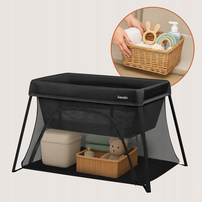 Patut multifunctional, Lionelo, Alice, 3 in 1, 2 trepte de inaltime pentru saltea, Pliabil, Material rezistent Oxford 300D, Cu iesire laterala, Geanta de transport, Pana 15 kg, 0 luni+, 104×70×74 cm, Negru
