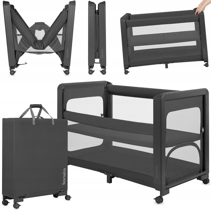 Patut multifunctional, Lionelo, Patty, 5 in 1, 0- 36 luni, Co-sleeper, Tarc de joaca, Patut de calatorie, Laterala rabatabila, 2 trepte reglare saltea, Roti, Husa transport inclusa, Gri