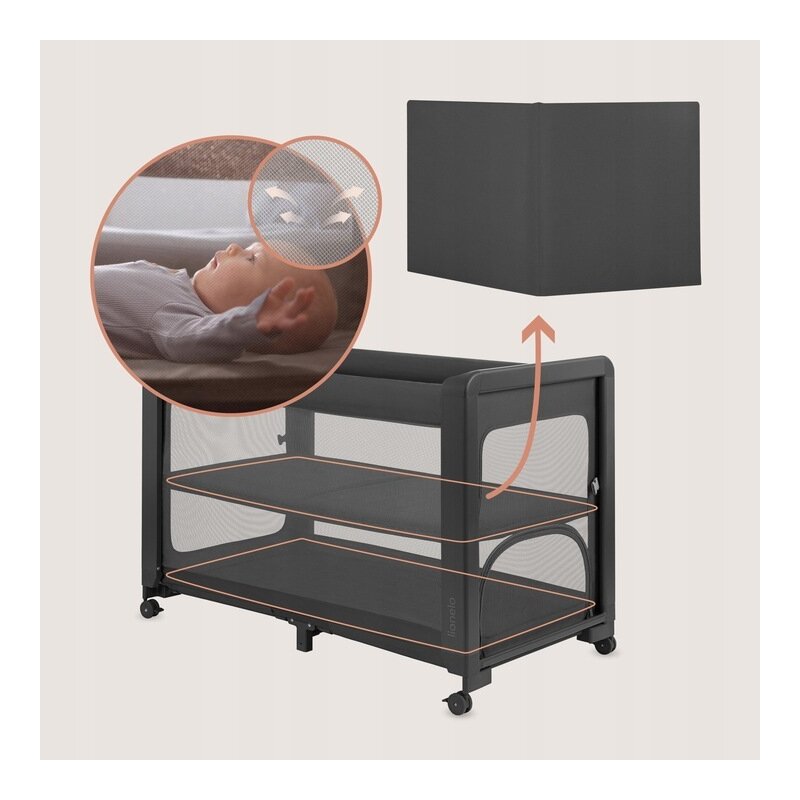 Patut multifunctional, Lionelo, Patty, 5 in 1, 0- 36 luni, Co-sleeper, Tarc de joaca, Patut de calatorie, Laterala rabatabila, 2 trepte reglare saltea, Roti, Husa transport inclusa, Gri