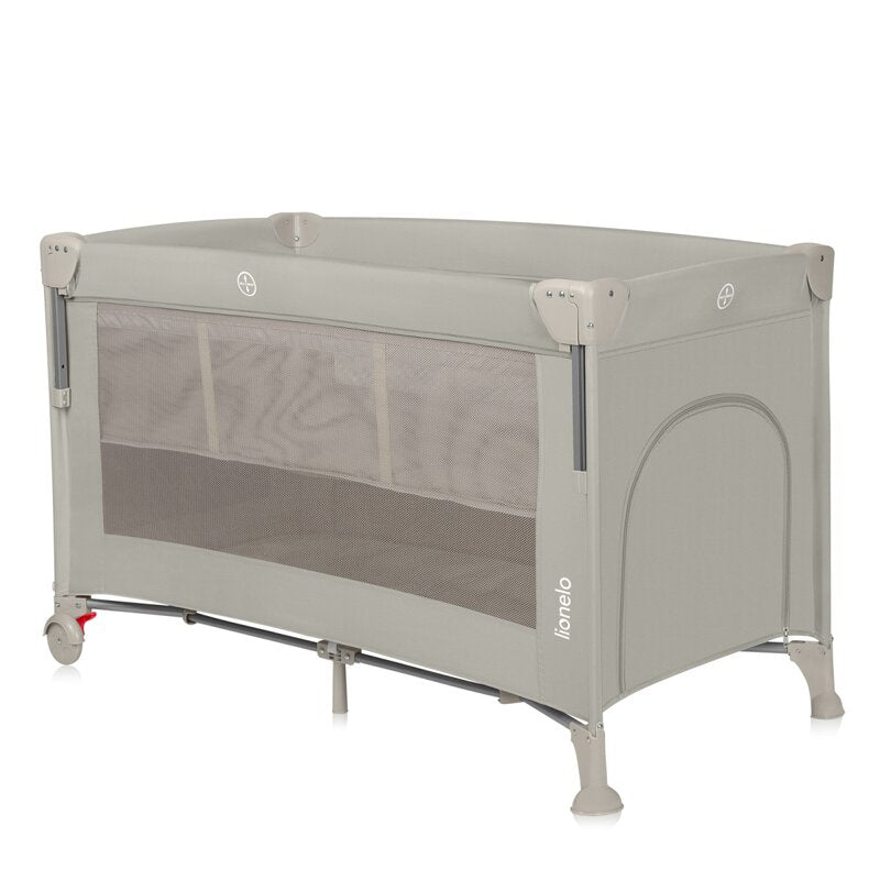 Patut pliant multifunctional, Lionelo, Ellen, Cu laterala culisanta, Nivel suplimentar, Intrare laterala cu fermoar, 2 roti, Saltea pliabila si geanta de transport incluse, 0- 36 luni, Pana la 15 kg, 120x60 cm, Conform cu EN 716, Bej
