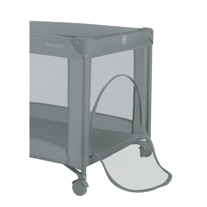 Patut pliant, Lionelo, Amelie, Cu intrare laterala, 100.5×70.5 cm, Include salteluta, roti, geanta pentru transport, Constructie usoara- 7 kg, Cadru stabil din otel, Gri