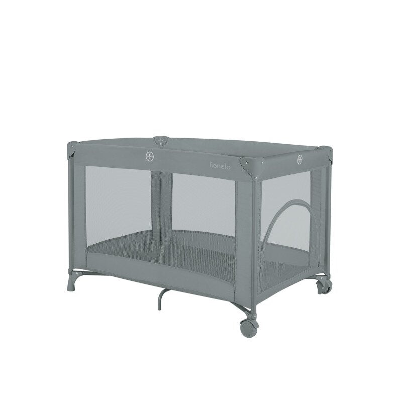 Patut pliant, Lionelo, Amelie, Cu intrare laterala, 100.5×70.5 cm, Include salteluta, roti, geanta pentru transport, Constructie usoara- 7 kg, Cadru stabil din otel, Gri
