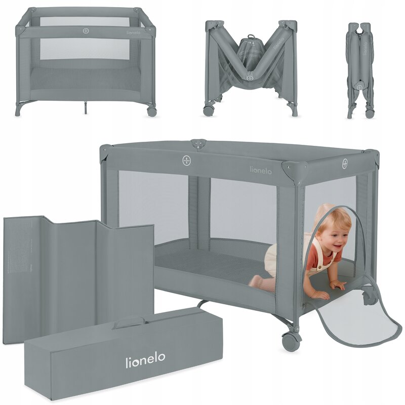 Patut pliant, Lionelo, Amelie, Cu intrare laterala, 100.5×70.5 cm, Include salteluta, roti, geanta pentru transport, Constructie usoara- 7 kg, Cadru stabil din otel, Gri
