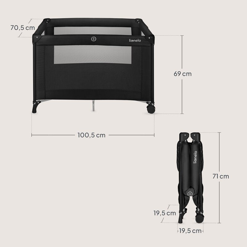 Patut pliant, Lionelo, Amelie, Cu intrare laterala, 100.5×70.5 cm, Include salteluta, roti, geanta pentru transport, Constructie usoara- 7 kg, Cadru stabil din otel, Negru