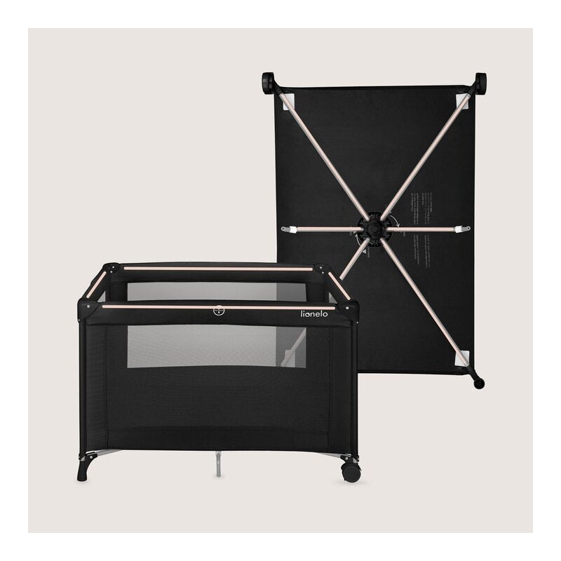 Patut pliant, Lionelo, Amelie, Cu intrare laterala, 100.5×70.5 cm, Include salteluta, roti, geanta pentru transport, Constructie usoara- 7 kg, Cadru stabil din otel, Negru