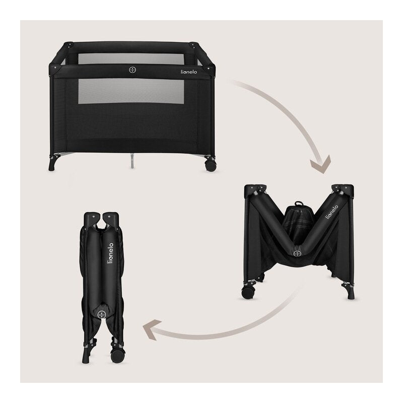 Patut pliant, Lionelo, Amelie, Cu intrare laterala, 100.5×70.5 cm, Include salteluta, roti, geanta pentru transport, Constructie usoara- 7 kg, Cadru stabil din otel, Negru
