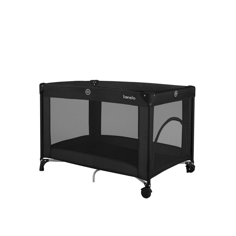Patut pliant, Lionelo, Amelie, Cu intrare laterala, 100.5×70.5 cm, Include salteluta, roti, geanta pentru transport, Constructie usoara- 7 kg, Cadru stabil din otel, Negru