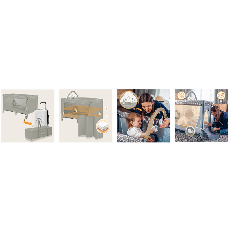 Patut pliant, Lionelo, Flower, Cu doua nivele, Cu arcada, Geanta transport, Masuta de infasat, Bara cu jucarii, Fereastra laterala, 120x60 cm, Conform cu standardele europeane de securitate EN 716 si EN12221, Cappuccino