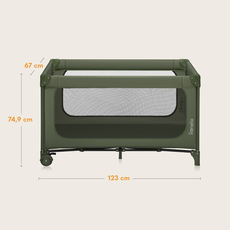 Patut pliant, Lionelo, Jasmin Easy Fold, Pana la 15 kg, Usor de pliat, Cu doua nivele, Cu saltea ergonomica T25, Cu intrare laterala cu fermoar, 2 roti cu frana, 123 x 67 cm, Conform cu EN 716, 0-36 luni, Verde