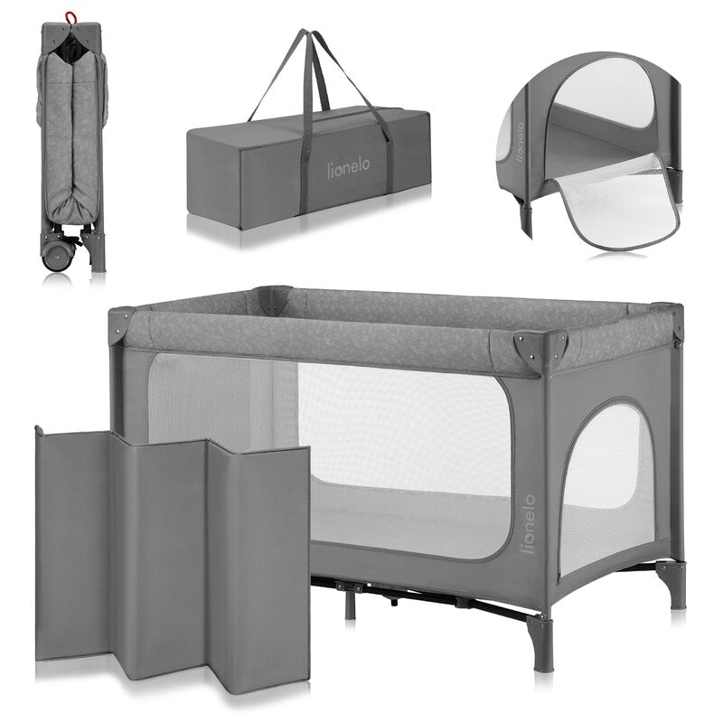 Patut pliant, Lionelo, Jasmin Easy Fold, Pana la 15 kg, Usor de pliat, Cu doua nivele, Cu saltea ergonomica T25, Cu intrare laterala cu fermoar, 2 roti cu frana, 123 x 67 cm, Conform cu EN 716, 0-36 luni, Gri
