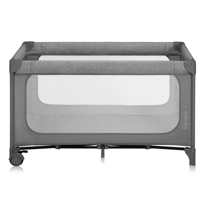 Patut pliant, Lionelo, Jasmin Easy Fold, Pana la 15 kg, Usor de pliat, Cu doua nivele, Cu saltea ergonomica T25, Cu intrare laterala cu fermoar, 2 roti cu frana, 123 x 67 cm, Conform cu EN 716, 0-36 luni, Gri
