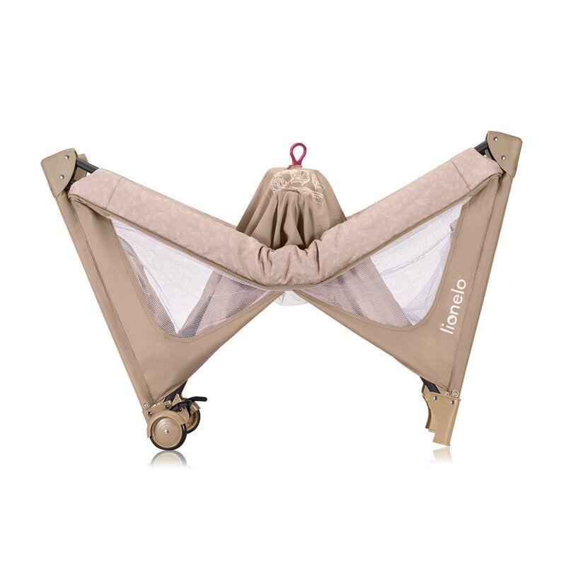 Patut pliant, Lionelo, Jasmin Easy Fold, Pana la 15 kg, Usor de pliat, Cu doua nivele, Cu saltea ergonomica T25, Cu intrare laterala cu fermoar, 2 roti cu frana, 123 x 67 cm, Conform cu EN 716, 0-36 luni, Bej