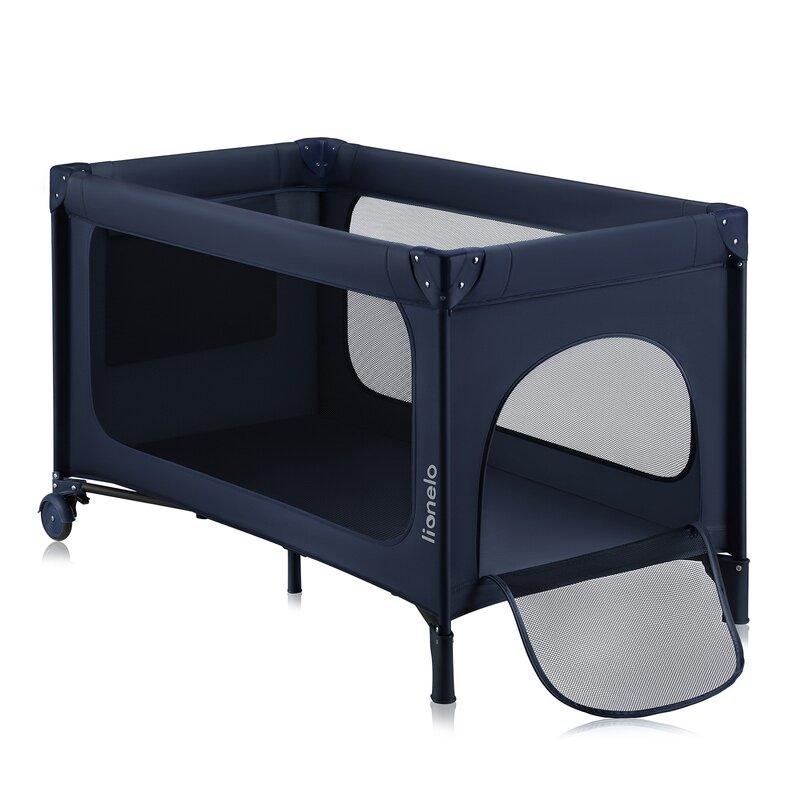 Patut pliant, Lionelo, Jasmin Easy Fold, Pana la 15 kg, Usor de pliat, Cu doua nivele, Cu saltea ergonomica T25, Cu intrare laterala cu fermoar, 2 roti cu frana, 123 x 67 cm, Conform cu EN 716, 0-36 luni, Albastru