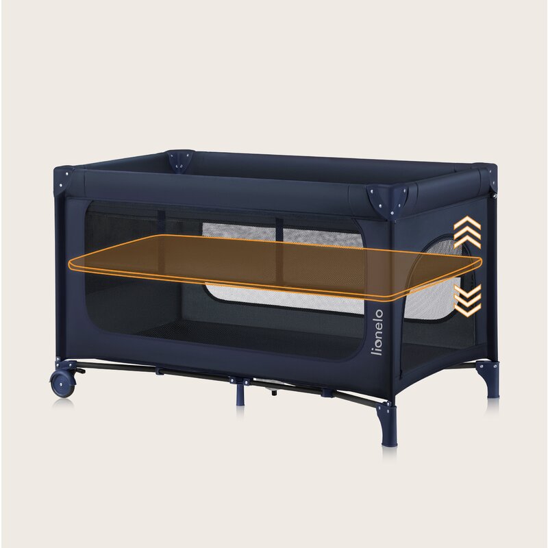 Patut pliant, Lionelo, Jasmin Easy Fold, Pana la 15 kg, Usor de pliat, Cu doua nivele, Cu saltea ergonomica T25, Cu intrare laterala cu fermoar, 2 roti cu frana, 123 x 67 cm, Conform cu EN 716, 0-36 luni, Albastru
