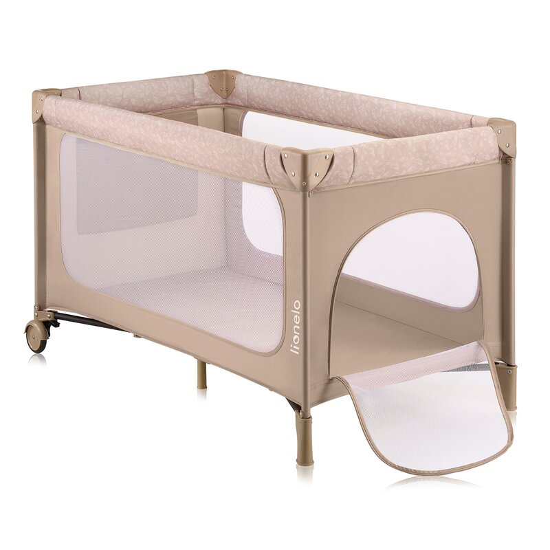 Patut pliant, Lionelo, Jasmin Easy Fold, Pana la 15 kg, Usor de pliat, Cu doua nivele, Cu saltea ergonomica T25, Cu intrare laterala cu fermoar, 2 roti cu frana, 123 x 67 cm, Conform cu EN 716, 0-36 luni, Bej