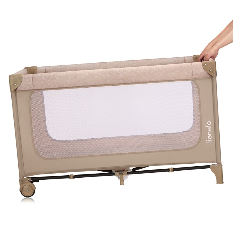 Patut pliant, Lionelo, Jasmin Easy Fold, Pana la 15 kg, Usor de pliat, Cu doua nivele, Cu saltea ergonomica T25, Cu intrare laterala cu fermoar, 2 roti cu frana, 123 x 67 cm, Conform cu EN 716, 0-36 luni, Bej