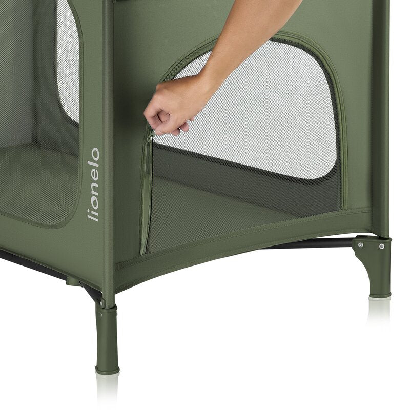 Patut pliant, Lionelo, Jasmin Easy Fold, Pana la 15 kg, Usor de pliat, Cu doua nivele, Cu saltea ergonomica T25, Cu intrare laterala cu fermoar, 2 roti cu frana, 123 x 67 cm, Conform cu EN 716, 0-36 luni, Verde