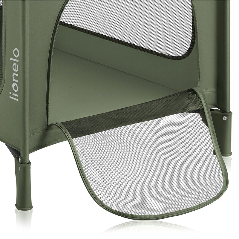 Patut pliant, Lionelo, Jasmin Easy Fold, Pana la 15 kg, Usor de pliat, Cu doua nivele, Cu saltea ergonomica T25, Cu intrare laterala cu fermoar, 2 roti cu frana, 123 x 67 cm, Conform cu EN 716, 0-36 luni, Verde