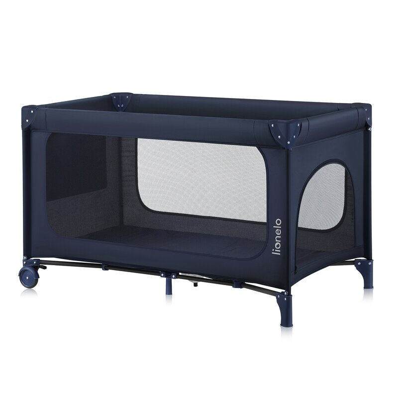Patut pliant, Lionelo, Jasmin Easy Fold, Pana la 15 kg, Usor de pliat, Cu doua nivele, Cu saltea ergonomica T25, Cu intrare laterala cu fermoar, 2 roti cu frana, 123 x 67 cm, Conform cu EN 716, 0-36 luni, Albastru