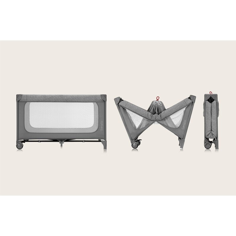 Patut pliant, Lionelo, Jasmin Easy Fold, Pana la 15 kg, Usor de pliat, Cu doua nivele, Cu saltea ergonomica T25, Cu intrare laterala cu fermoar, 2 roti cu frana, 123 x 67 cm, Conform cu EN 716, 0-36 luni, Gri