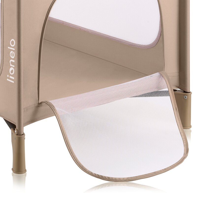 Patut pliant, Lionelo, Jasmin Easy Fold, Pana la 15 kg, Usor de pliat, Cu doua nivele, Cu saltea ergonomica T25, Cu intrare laterala cu fermoar, 2 roti cu frana, 123 x 67 cm, Conform cu EN 716, 0-36 luni, Bej