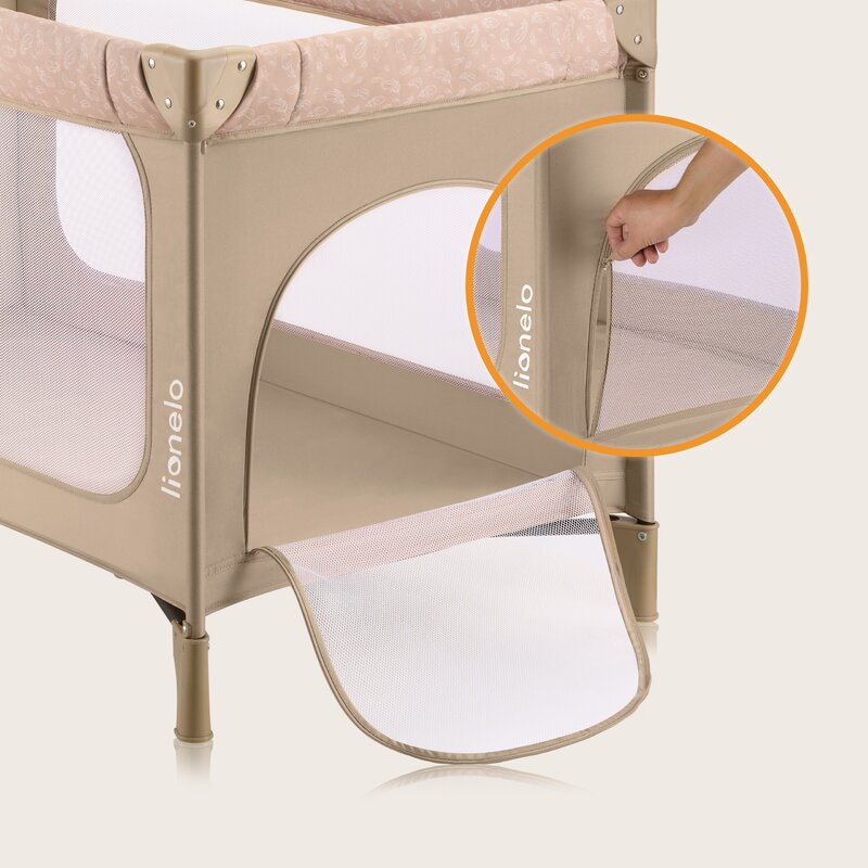 Patut pliant, Lionelo, Jasmin Easy Fold, Pana la 15 kg, Usor de pliat, Cu doua nivele, Cu saltea ergonomica T25, Cu intrare laterala cu fermoar, 2 roti cu frana, 123 x 67 cm, Conform cu EN 716, 0-36 luni, Bej
