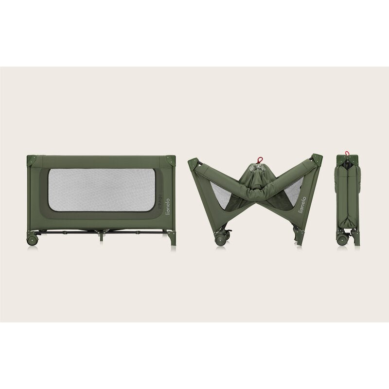 Patut pliant, Lionelo, Jasmin Easy Fold, Pana la 15 kg, Usor de pliat, Cu doua nivele, Cu saltea ergonomica T25, Cu intrare laterala cu fermoar, 2 roti cu frana, 123 x 67 cm, Conform cu EN 716, 0-36 luni, Verde