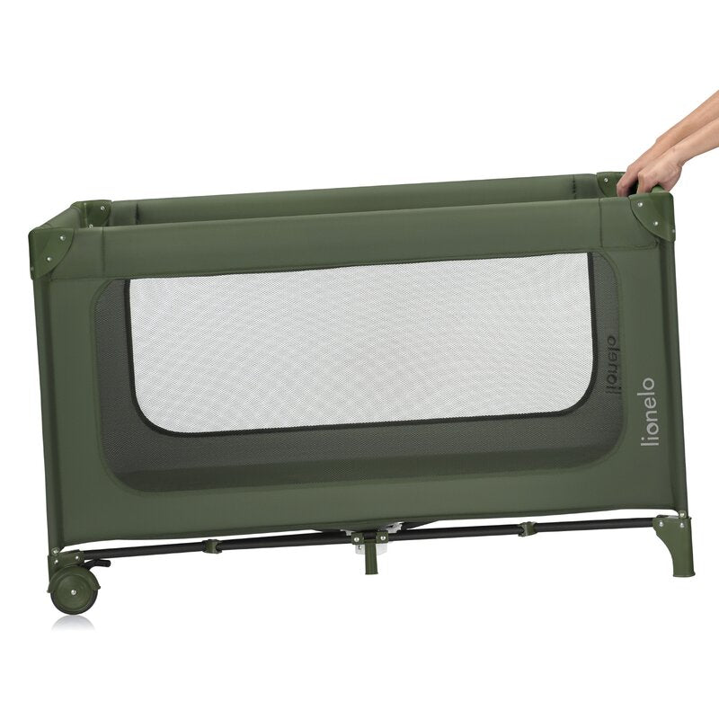Patut pliant, Lionelo, Jasmin Easy Fold, Pana la 15 kg, Usor de pliat, Cu doua nivele, Cu saltea ergonomica T25, Cu intrare laterala cu fermoar, 2 roti cu frana, 123 x 67 cm, Conform cu EN 716, 0-36 luni, Verde