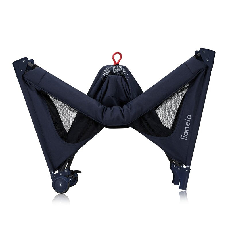 Patut pliant, Lionelo, Jasmin Easy Fold, Pana la 15 kg, Usor de pliat, Cu doua nivele, Cu saltea ergonomica T25, Cu intrare laterala cu fermoar, 2 roti cu frana, 123 x 67 cm, Conform cu EN 716, 0-36 luni, Albastru