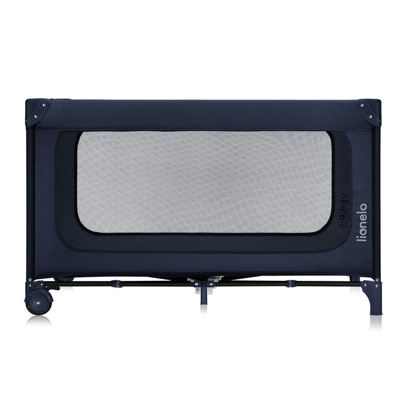 Patut pliant, Lionelo, Jasmin Easy Fold, Pana la 15 kg, Usor de pliat, Cu doua nivele, Cu saltea ergonomica T25, Cu intrare laterala cu fermoar, 2 roti cu frana, 123 x 67 cm, Conform cu EN 716, 0-36 luni, Albastru