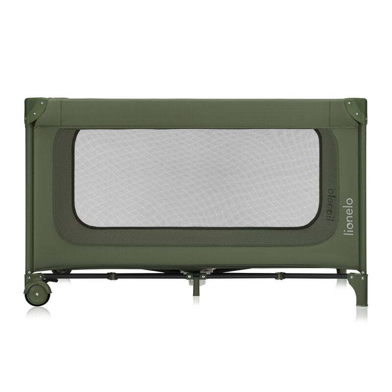 Patut pliant, Lionelo, Jasmin Easy Fold, Pana la 15 kg, Usor de pliat, Cu doua nivele, Cu saltea ergonomica T25, Cu intrare laterala cu fermoar, 2 roti cu frana, 123 x 67 cm, Conform cu EN 716, 0-36 luni, Verde