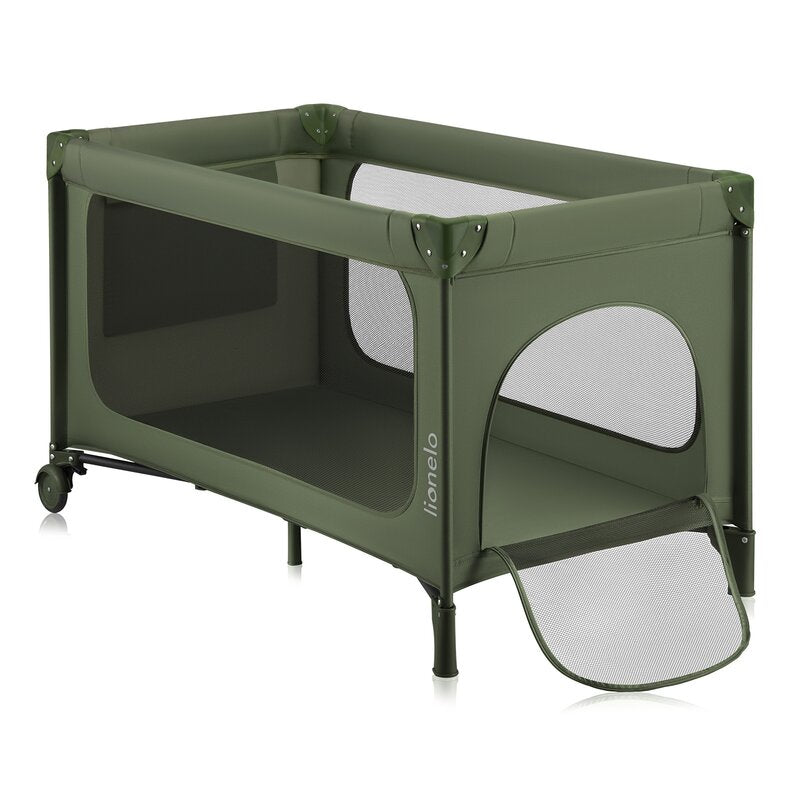 Patut pliant, Lionelo, Jasmin Easy Fold, Pana la 15 kg, Usor de pliat, Cu doua nivele, Cu saltea ergonomica T25, Cu intrare laterala cu fermoar, 2 roti cu frana, 123 x 67 cm, Conform cu EN 716, 0-36 luni, Verde