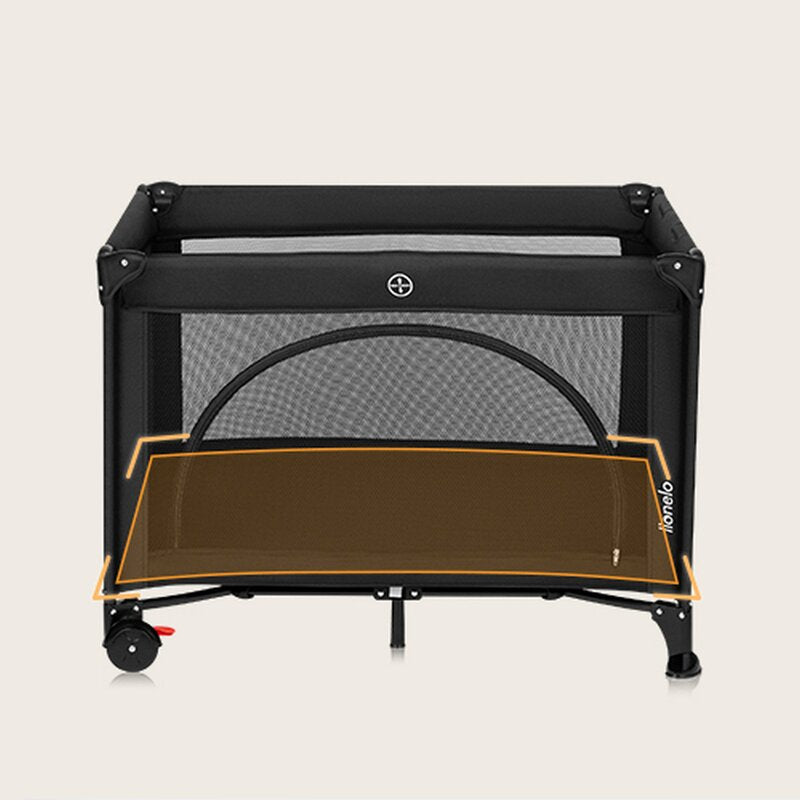 Patut pliant, Lionelo, Laura, 102 x 74 cm, Cu doua nivele, Functie de tarc, Cu roti, Include salteluta si geanta de transport, Pereti din plasa, Deschidere laterala, Pana la 15 kg, 0 luni +, Negru