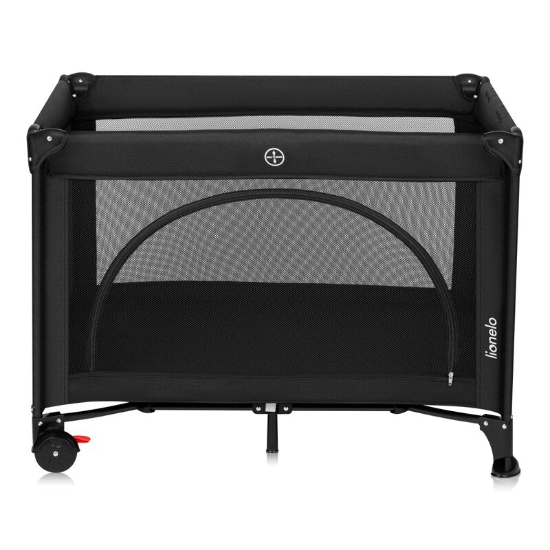 Patut pliant, Lionelo, Laura, 102 x 74 cm, Cu doua nivele, Functie de tarc, Cu roti, Include salteluta si geanta de transport, Pereti din plasa, Deschidere laterala, Pana la 15 kg, 0 luni +, Negru