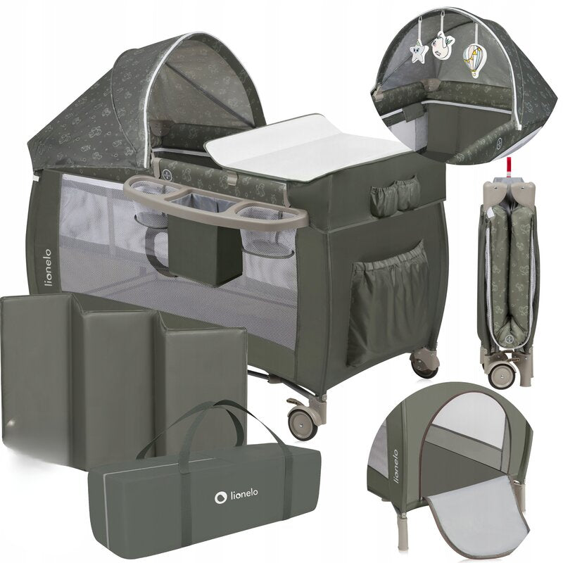 Patut pliant, Lionelo, Sven Plus, 120x60 cm, Cu doua nivele, Cu arcada jucarii, masuta de infasat, vibratii, melodii, conform cu standardele europeane de securitate EN716 si EN12221, Bej Olive