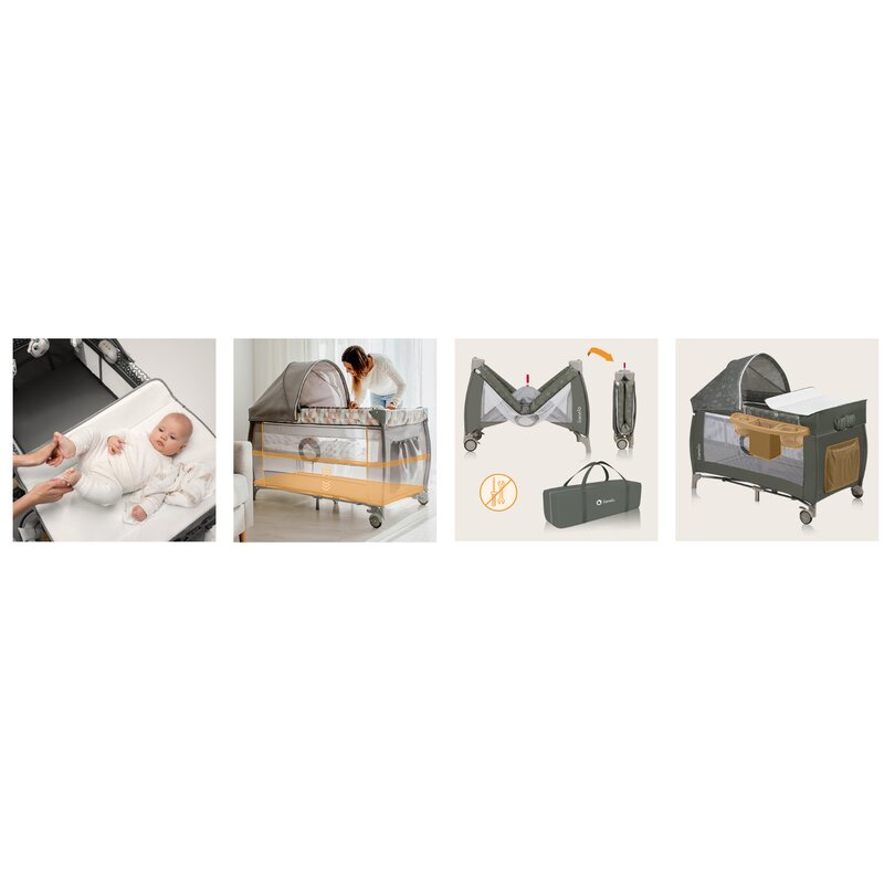 Patut pliant, Lionelo, Sven Plus, 120x60 cm, Cu doua nivele, Cu arcada jucarii, masuta de infasat, vibratii, melodii, conform cu standardele europeane de securitate EN716 si EN12221, Bej Olive