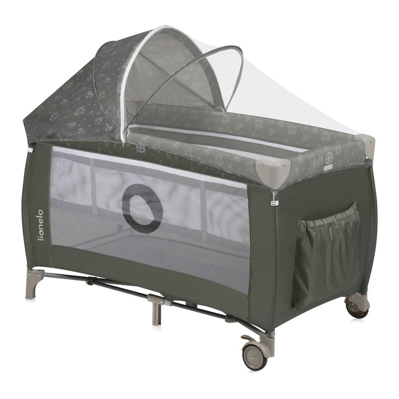 Patut pliant, Lionelo, Sven Plus, 120x60 cm, Cu doua nivele, Cu arcada jucarii, masuta de infasat, vibratii, melodii, conform cu standardele europeane de securitate EN716 si EN12221, Bej Olive