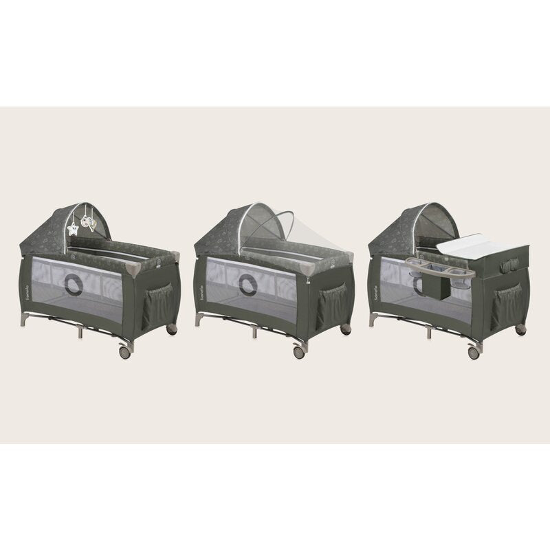 Patut pliant, Lionelo, Sven Plus, 120x60 cm, Cu doua nivele, Cu arcada jucarii, masuta de infasat, vibratii, melodii, conform cu standardele europeane de securitate EN716 si EN12221, Bej Olive