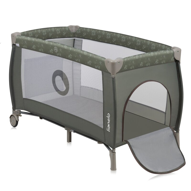 Patut pliant, Lionelo, Sven Plus, 120x60 cm, Cu doua nivele, Cu arcada jucarii, masuta de infasat, vibratii, melodii, conform cu standardele europeane de securitate EN716 si EN12221, Bej Olive