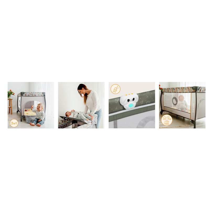 Patut pliant, Lionelo, Sven Plus, 120x60 cm, Cu doua nivele, Cu arcada jucarii, masuta de infasat, vibratii, melodii, conform cu standardele europeane de securitate EN716 si EN12221, Bej Olive