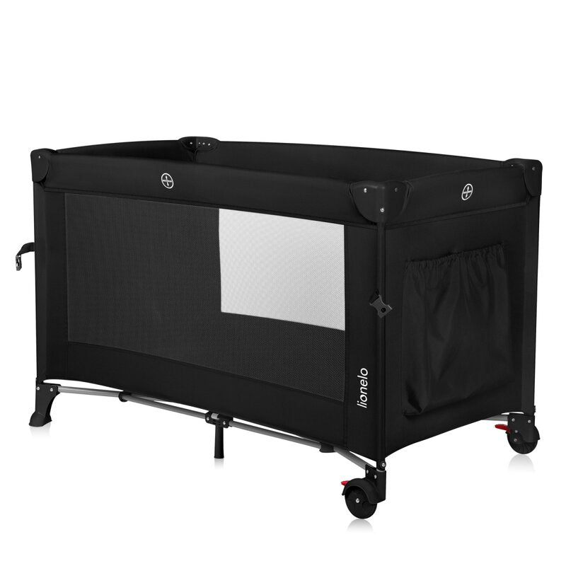 Patut pliant multifunctional, Lionelo, Ellen, Cu laterala culisanta, Nivel suplimentar, Intrare laterala cu fermoar, 2 roti, Saltea pliabila si geanta de transport incluse, 0- 36 luni, Pana la 15 kg, 120x60 cm, Conform cu EN 716, Negru
