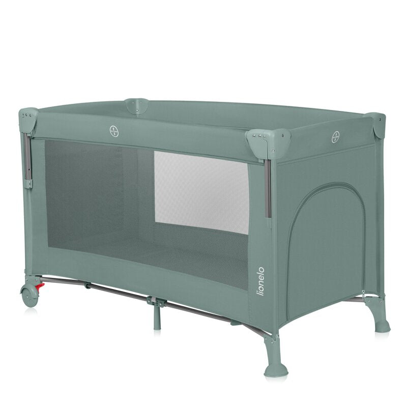 Patut pliant multifunctional, Lionelo, Ellen, Cu laterala culisanta, Nivel suplimentar, Intrare laterala cu fermoar, 2 roti, Saltea pliabila si geanta de transport incluse, 0- 36 luni, Pana la 15 kg, 120x60 cm, Conform cu EN 716, Verde