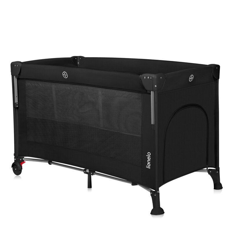Patut pliant multifunctional, Lionelo, Ellen, Cu laterala culisanta, Nivel suplimentar, Intrare laterala cu fermoar, 2 roti, Saltea pliabila si geanta de transport incluse, 0- 36 luni, Pana la 15 kg, 120x60 cm, Conform cu EN 716, Negru