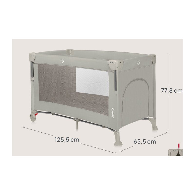 Patut pliant multifunctional, Lionelo, Ellen, Cu laterala culisanta, Nivel suplimentar, Intrare laterala cu fermoar, 2 roti, Saltea pliabila si geanta de transport incluse, 0- 36 luni, Pana la 15 kg, 120x60 cm, Conform cu EN 716, Negru