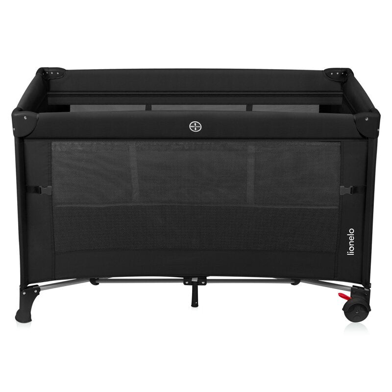 Patut pliant multifunctional, Lionelo, Ellen, Cu laterala culisanta, Nivel suplimentar, Intrare laterala cu fermoar, 2 roti, Saltea pliabila si geanta de transport incluse, 0- 36 luni, Pana la 15 kg, 120x60 cm, Conform cu EN 716, Negru