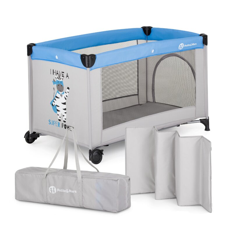 Patut pliant, Petite&Mars, Koot, 120 x 60 cm, Cu roti, Functie de tarc, Pliere compacta, Include geanta de transport, Intrare laterala cu fermoar, Pereti din plasa, Pana la 15 kg, 0-30 luni, Gri